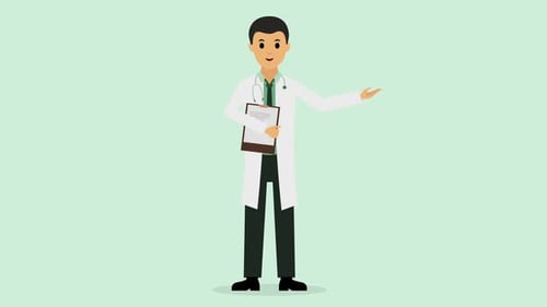 Der Arzt erklärt es, während er Notizen bei sich trägt. Charakteranimation