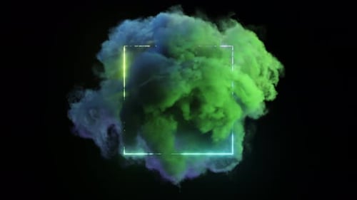 Abstract Concept Neon Rainbow Square on an Isolated Black Background A Blue Green Cloud Flies Around