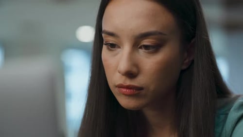 Asian Woman Using Computer in Modern Office Closeup. Beautiful Businesswoman Professional Typing