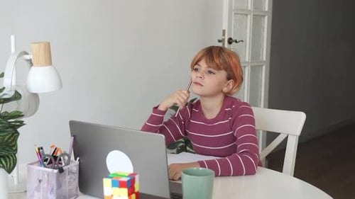 Primary Middle School Redhead Caucasian Student Child Girl Study Use Laptop Distance Learning Online