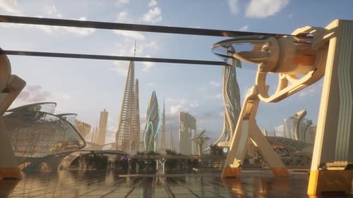 Ville futuriste cinématographique avec le monorail en mouvement