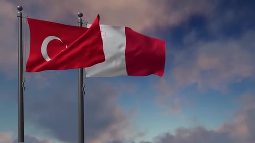 Turkish and Peruvian National Flags Waving Against Cloudy Sky
