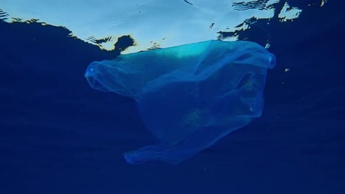 Vista inferior de una vieja bolsa de plástico azul transparente desechable usada que nada bajo los rayos del sol debajo de la superficie del agua
