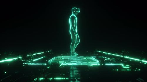 Neon Green VR Figure in Digital World Walk Cycle