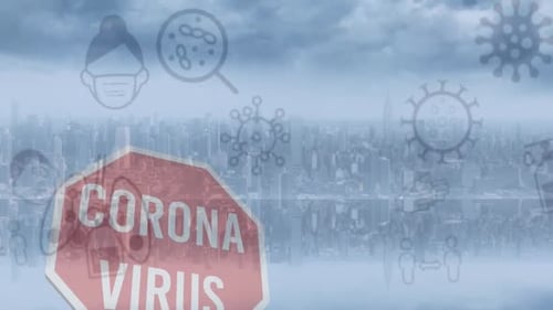 Animation of covid 19 icons floating over corona virus text on stop sign and cityscape
