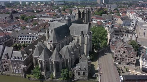 Aerial of Belfry of Bruges Medieval city center in Bruges, Belgium