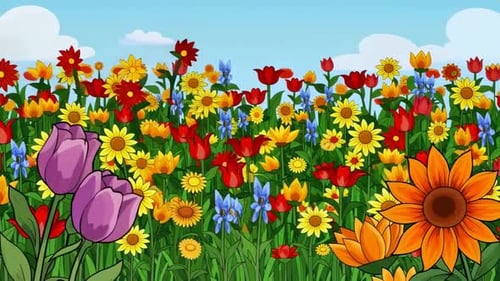 Bright Colorful Cartoon Flower Garden Animation with Sunflow