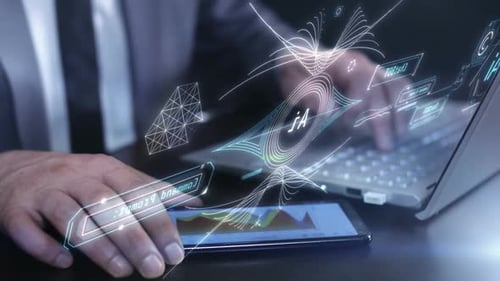 Work Of AI On The Background Of A Businessman With A Laptop