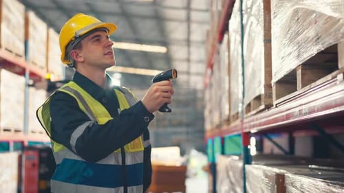 Man workers using digital scanning checking scanning checking products stock inventory in warehouse