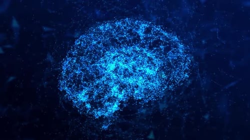 Cérebro azul abstrato em movimento: IA, redes neurais e plexo geométrico brilhante