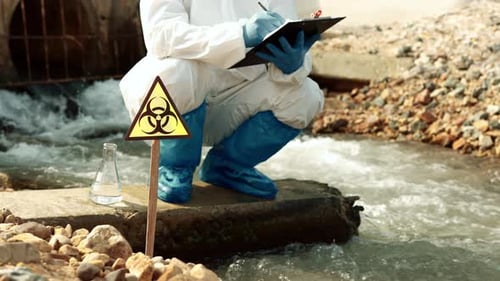 Ecologists sample water contaminated with dangerous, waterhazard toxins into tubes