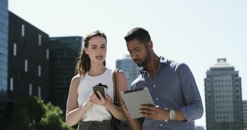 Coffee, tablet and business people in city on morning commute, travel and journey to work