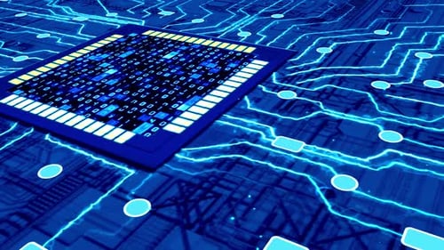 Animated CPU Processing Binary Data on Glowing Circuit Board