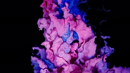 Rote Tinte und blaue Farbe tanzen zusammen und malen eine farbenfrohe abstrakte Wolke auf einer schwarzen Leinwand