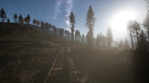 La Vía Láctea sobre el ferrocarril y el bosque