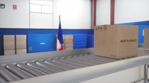 Made in FRANCE Import and Export Concept Cardboard Boxes with Product From France on the Roller