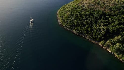Aerial Top Down View of Rich Yacht Sailing Sea Sailboat