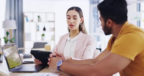 Business people, company talk and tablet with online management team talking about web strategy