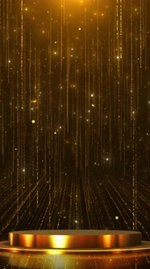 Gold award podium. 3d golden stage glowing light rays glitter floor. Luxury product presentation, gl