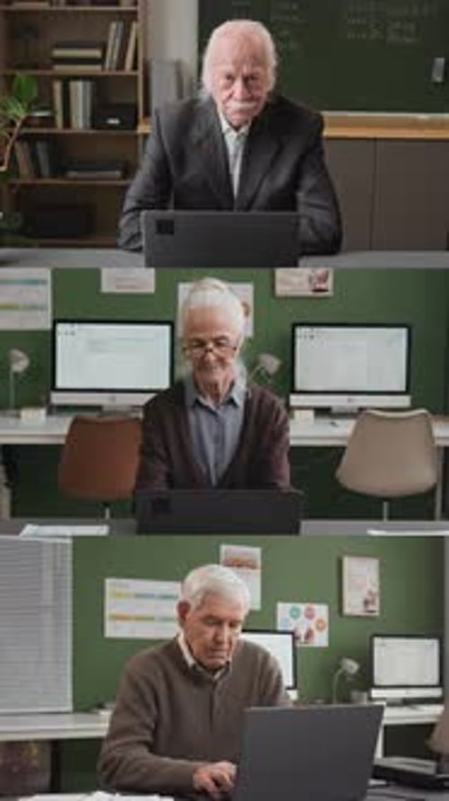 Vertical Split Screen of Seniors Using Laptop