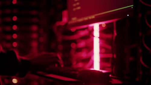 Close up of a man punching the keypad on a computer in a server room with flashing red lights