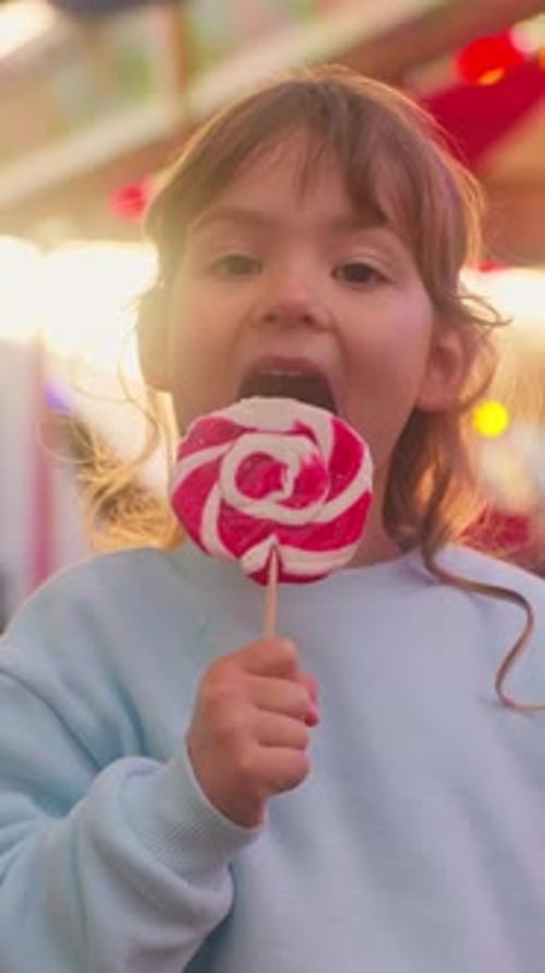 Happy Smiling Little Girl in Amusement Park Child with a Large Candy on a Stick in Her Hand Smiles