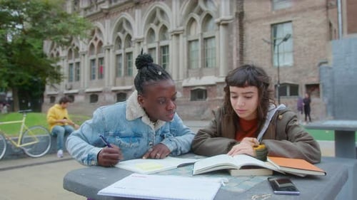 Two College Girls Studying Together Outdoors on Campus