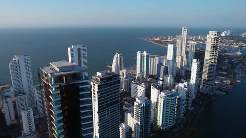 Bocagrande, Cartagena, Colombia. Aerial View of Hotel Towers and Beaches, Drone Shot