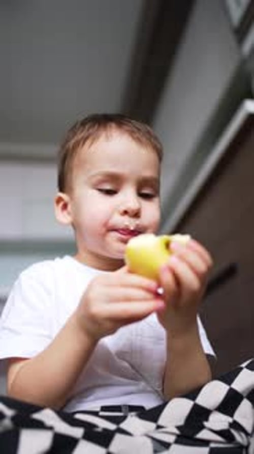 Young Boy Eating Apple at Home