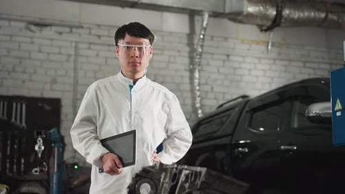 Mechanical Engineer Standing Confidently in Automotive Workshop Holding Tablet