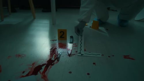 Staged Crime Scene with Bloody Knife and Evidence