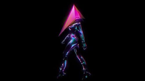 _Animación_ 3D: pirámide, _mujer_ caminando, material _iridiscente_, _alfa loop_