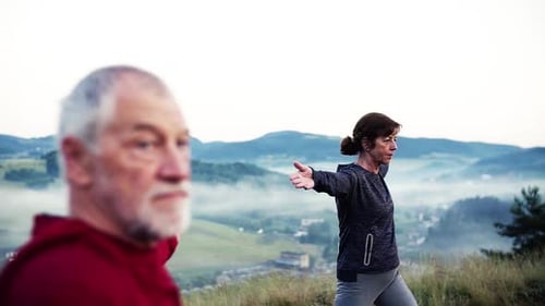 Senior Couple Doing Yoga on Hilltop in Nature