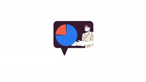 Asian man holding pie chart in speech bubble line 2D character animation