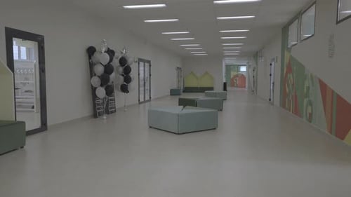 Modern Hall of Lyceum Adorned with Colourful Balloons