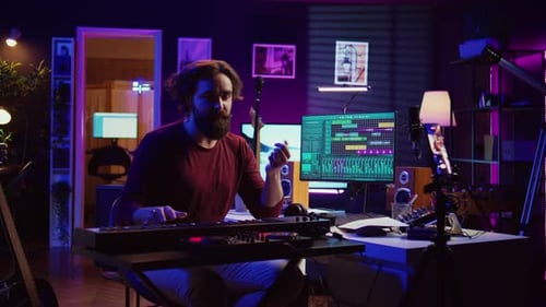 Young Man Playing Keyboard at Recording Studio