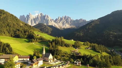 Santa Maddalena (Magdalena) village with majestic Gruppo delle Odle mountain range in the background
