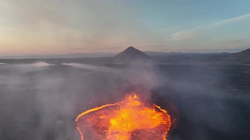 Aerial drone shot of a volcanic fissure in Iceland erupting