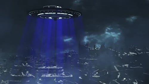 UFO-Invasion über einer postapokalyptischen Stadt mit blauen Energiestrahlen