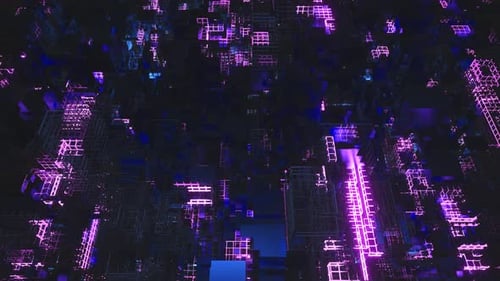 Abstract Digital Cityscape Neon Lights Purple Glowing Wireframe Structures Futuristic Technology