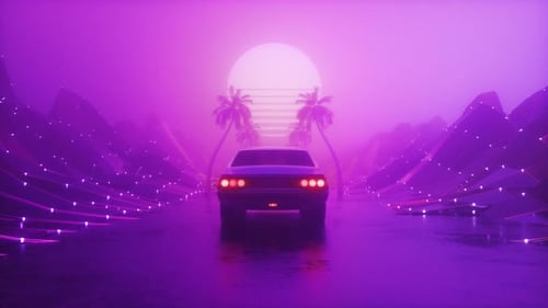 Synth Wave Background Of Dark Foggy Landscape With Riding Car