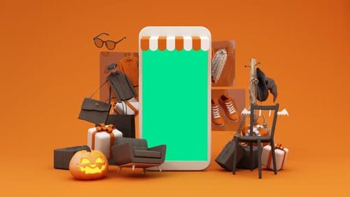 Expositor de compras de Halloween con teléfono inteligente