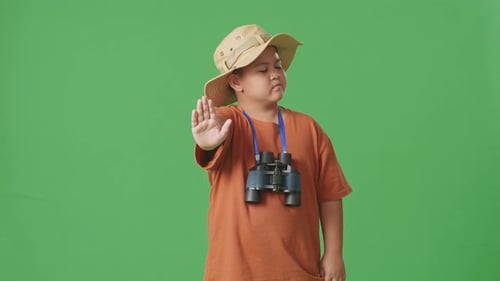 Tourist Boy Researcher Waving Hand Showing No Gesture On Green Screen Background
