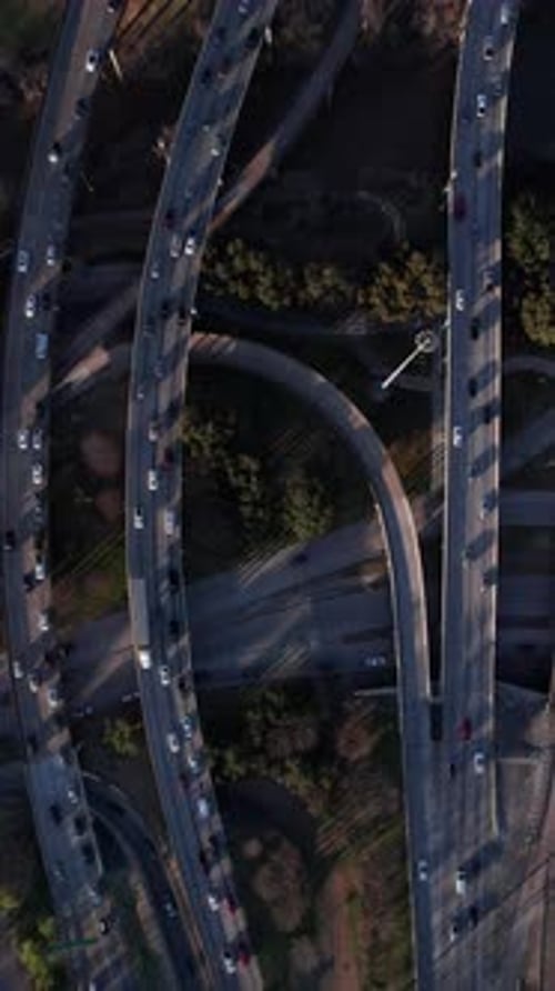 Vertical Aerial View, Highway and Freeways Interchange and Junction, Top Down Drone Shot