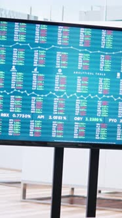 Vertical Video Stock Exchange Indices on Screen in Empty Financial Department Office