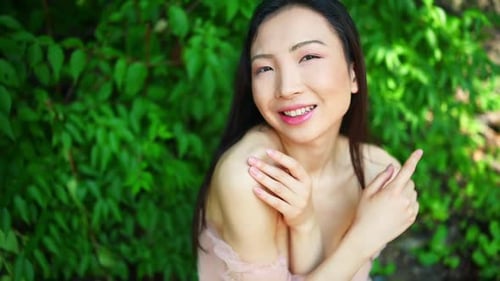 Close Up Outdoor Portrait Beautiful Young Chinese Asian Woman Perfect Skin Posing Outside Sunny