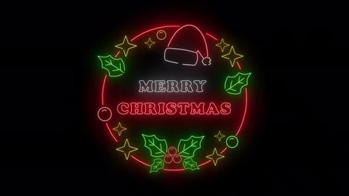 Animated Merry Christmas Neon Wreath with Glowing Elements
