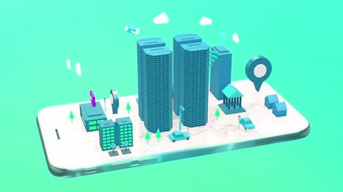 Explore a vibrant urban landscape on your smartphone! Digital city planning concept.