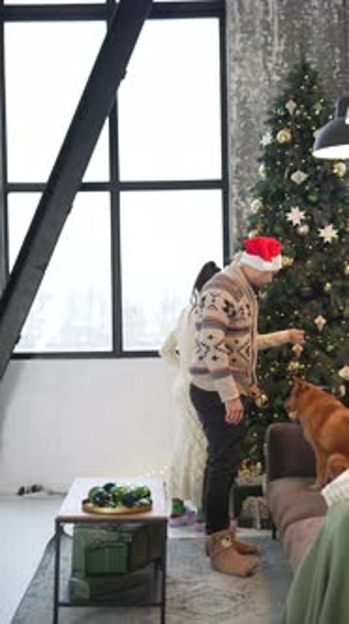 Couple Decorating Christmas Tree with Dog in Home