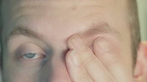 Close up of depressed mans crying eyes
